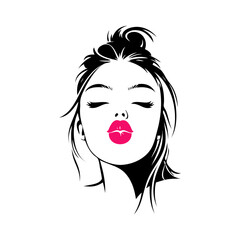 Dibujo con líneas del retrato de una hermosa joven enviando un beso, con labios de color rosa © teracreonte