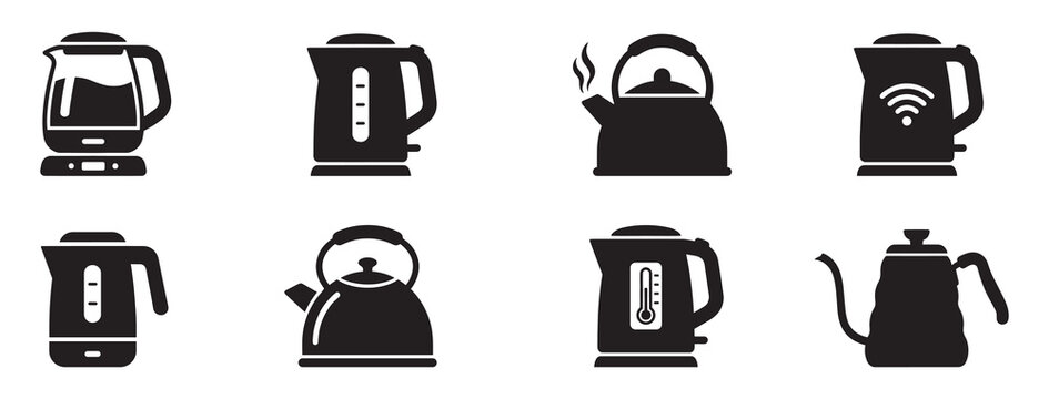 Electric Kettles and Teapots Household Appliances Icon Set. Vector Illustration.