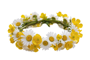 Beautiful spring flower crown with white daisies and yellow buttercups, a vibrant floral wreath isolated PNG on transparent background © Evans