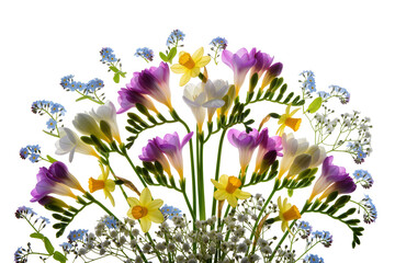 Vibrant spring flower bouquet with purple and white freesias, yellow daffodils, blue...
