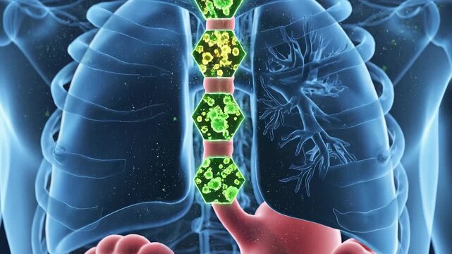 Human Torso Anatomy with Cellular Activity in Digestive Tract. Medical 3D Illustration