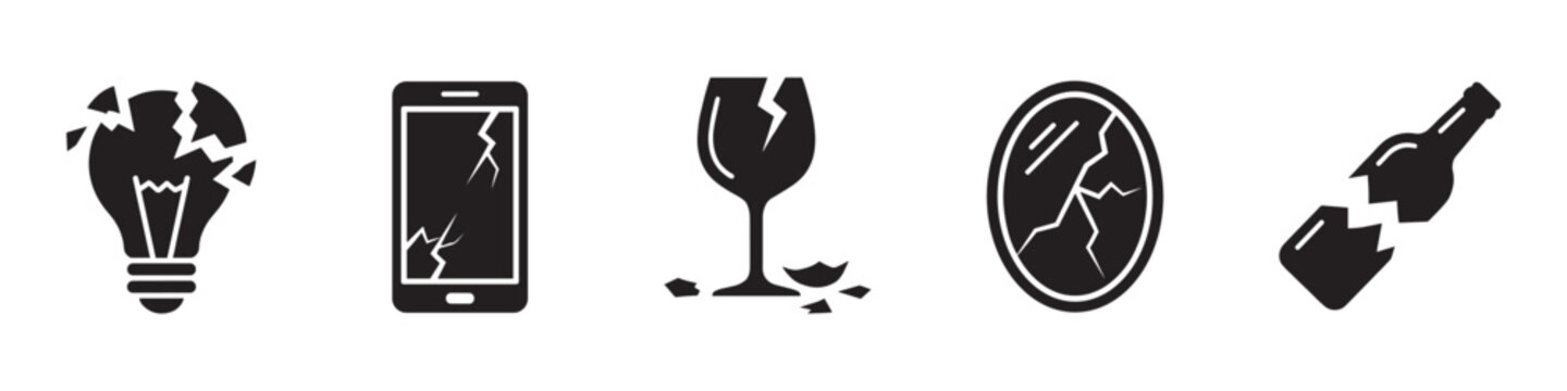 Broken fragile items icon set - cracked phone screen, lightbulb, glass, mirror and bottle symbols. Vector Illustration.