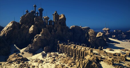 sunlit citadel above sand dunes massive stone walls clustered spire towers ancient columns dramatic shadows distant sea horizon rugged textures cinematic © icetray