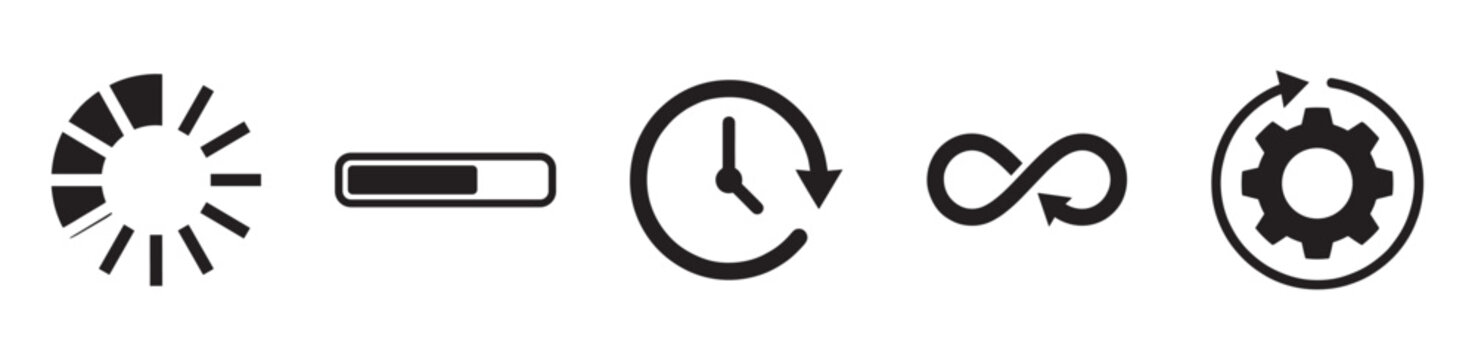 System loading and progress process icons - spinning wheel, bar, time, infinity and processing gear. Vector Illustration.