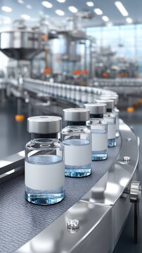 Machine operates in a modern factory to fill and blow vials with precision and detail under white light for clarity