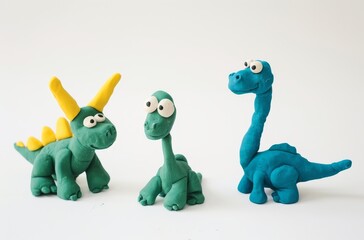 Fototapeta premium Cute plasticine clay dinosaurs colorful playdough dinosaur characters isolated on white background