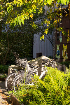 Urban residential courtyard garden with bicycle and greenery in Stockholm Sweden Djurgardsstaden designed for sustainable community in daylight