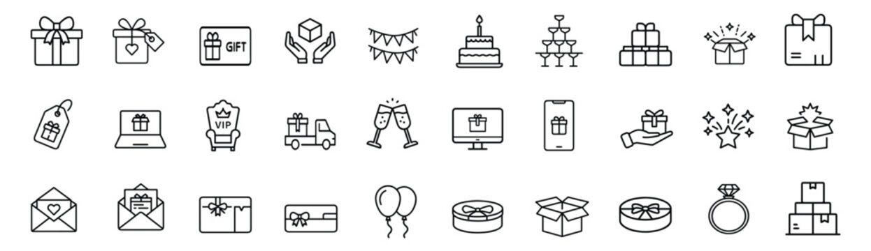 Gift box and celebration outline icon set featuring birthday cake and surprise present for holiday rewards and more vector illustration or editable stroke