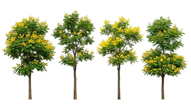 yellow flame tree, Peltophorum pterocarpum, blooming tree, yellow flowers, tropical tree, isolated, green foliage set of four exotic summer plants for landscape design and rendering.