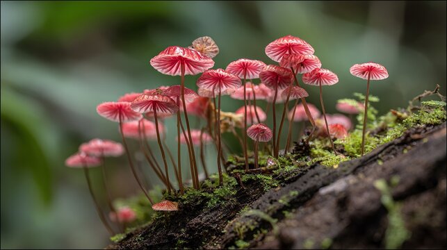 Cluster of Marasmius haematocephalus mushrooms on decaying tropical wood