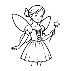 Dibujo sencillo con líneas de una niña de pie vestida con un disfraz de hada con alas y varita mágica  © teracreonte