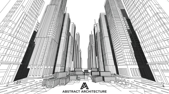 One-point perspective architectural sketch of a dense urban canyon featuring towering skyscrapers and modular shipping container clusters along a central boulevard.