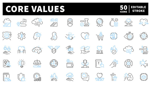 Core values editable line icons set. mission and beliefs graphic symbols