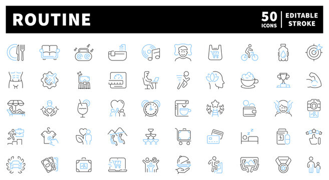 Daily routine editable line icons set: lifestyle and habit symbols in outline