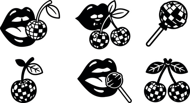 Black and white disco ball cherries with lips biting and holding lollipop in vector art set of six unique icons