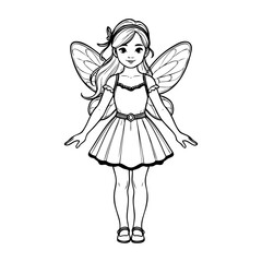 Dibujo sencillo con líneas de una niña de pie vestida con un disfraz de hada con alas © teracreonte