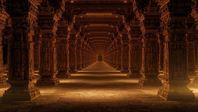 Serene Ancient Temple Corridor with Majestic Stone Columns