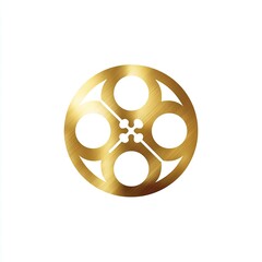 Obraz premium Golden film reel icon, featuring four circles and a central cross shape, on white background