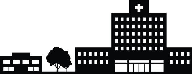 Obraz premium Black and white silhouette illustration of modern hospital complex with cross symbol, healthcare buildings, trees, entrance, windows, medical facility design