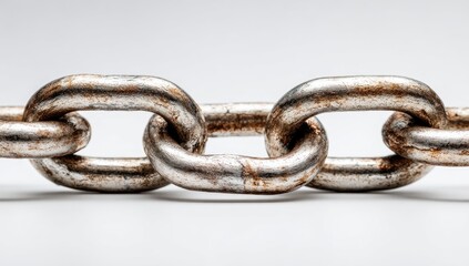 Obraz premium Close-up of a weathered metal chain with links interlocked, set against a white background
