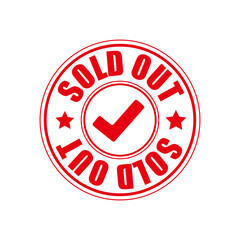 Red Sold Out Circular Rubber Stamp with Checkmark Icon for Retail and E-commerce