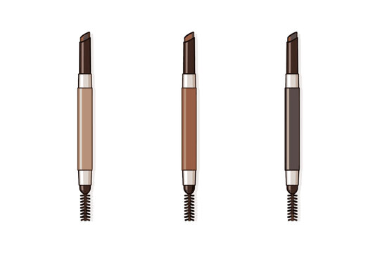 Three eyebrow pencils in different shades with spoolie brushes on white background