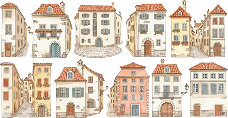 European Old Town Houses and Mediterranean Street Architecture Illustration Set with Vintage Buildings Balconies Windows and Cozy Historic City Vector Collection © Yousuf