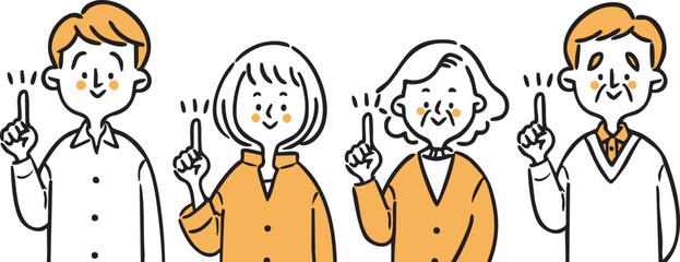 Naklejka premium 指差しをする家族二世帯 上半身 ベクター（オレンジ）