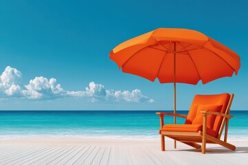 Fototapeta premium Orange beach umbrella and wooden lounge chair on a tranquil turquoise oceanfront deck for summer relaxation