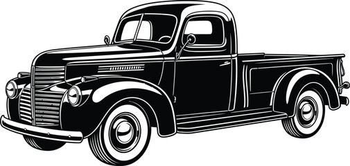 Classic Black Pickup Truck Illustration with White Tires and Detailed Design. © Vhya