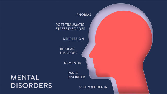 Mental Disorders Infographic Vector. Illustration of human head silhouette with depression, bipolar, PTSD, schizophrenia and phobias. Healthcare medical mental health awareness Presentation Slide.