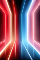 Fototapeta premium Symmetrical glowing neon light corridor in pink and blue with futuristic abstract reflections