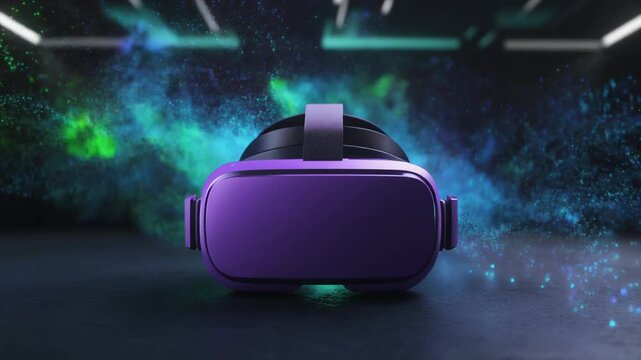 Purple virtual reality headset on dark background with glowing particles