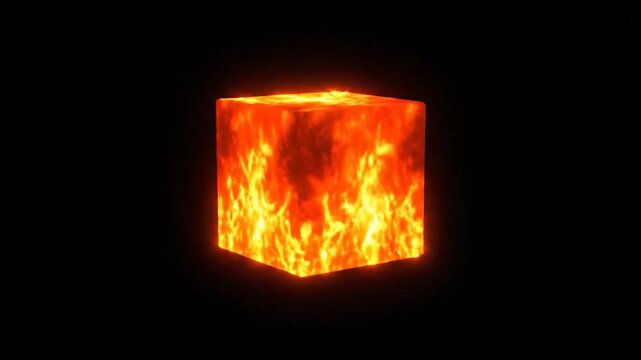 Abstract fiery cube with sparks and embers on a black background, dynamic fire effect.
