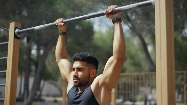 Man doing pull-ups on outdoor exercise equipment