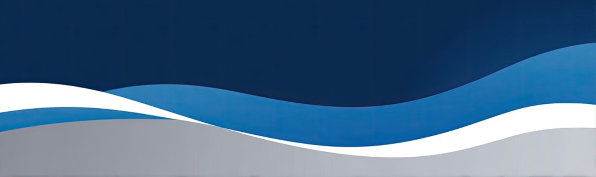 Abstract graphic with layered waves of white, blue, and gray against a dark blue background