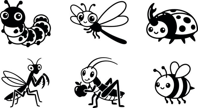 Cute black and white cartoon insects collection with smiling caterpillar bee ladybug praying mantis cricket holding apple in vector art