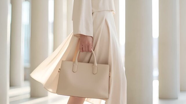クリーンなニュートラル背景の前で、女性の手がベージュのレザーハンドバッグを持ちながら歩くミニマルなファッション映像。
柔らかな自然光と浅い被写界深度により、バッグと手元が際立つシネマティックな雰囲気。