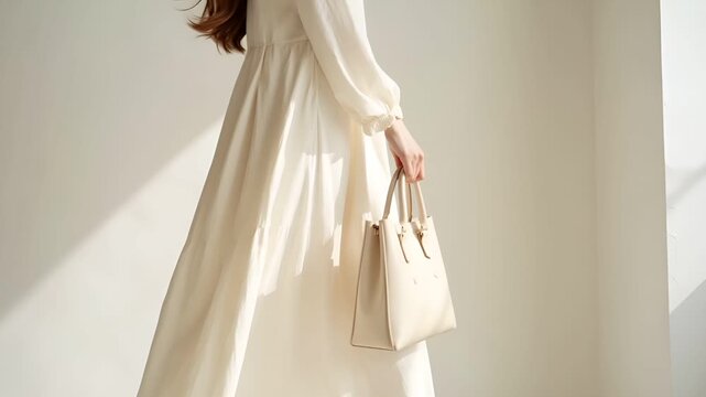 クリーンなニュートラル背景の前で、女性の手がベージュのレザーハンドバッグを持ちながら歩くミニマルなファッション映像。
柔らかな自然光と浅い被写界深度により、バッグと手元が際立つシネマティックな雰囲気。