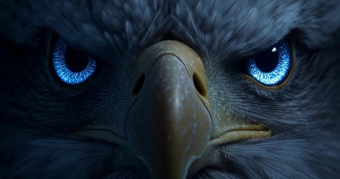 Close-up of an eagle's intense blue eyes and sharp beak showing fierce expression.