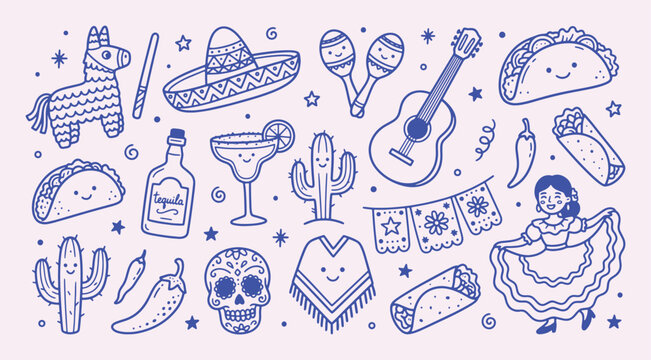 Mexican fiesta doodle collection with playful outline style. Sombrero, maracas, guitar, taco, cactus, sugar skull. Cute festive culture elements for holiday decoration and food festival graphics.