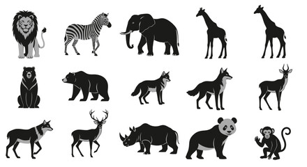 Obraz premium Collection of black silhouettes of various wild animals on white background