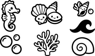 Obraz premium Cute black and white line art sea creatures with smiling seashells coral waves and ocean bubbles vector illustration set