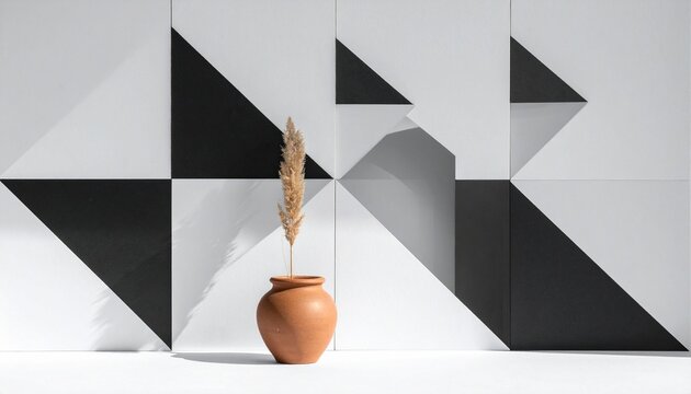 Minimalist interior with geometric black, white, and gray wall pattern, terracotta vase holding dried pampas grass, striking abstract composition blending modern design and natural texture.