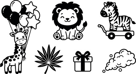 Fototapeta premium Cute vector art of smiling lion sitting and happy giraffe holding balloons with zebra on toy cart with gift box and leaf black and white