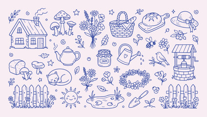 Garden cottage doodle collection with cute outline style. House, mushrooms, flowers bouquet, watering can, jam jar, fence. Cozy nature elements for gardening design and countryside illustration.