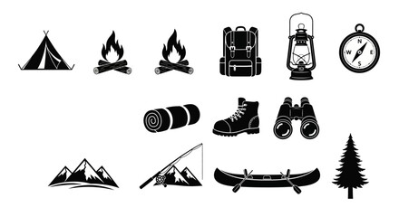 Camping icons set including tent fire hiking gear and outdoor equipment on white background for adventure and travel themes © Shoaib