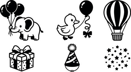 Obraz premium Cute vector animal icons with balloons gift box party hat and star confetti simple black line art style set