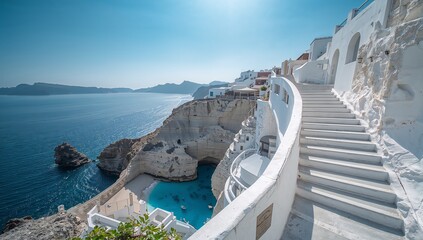Obraz premium Serene Coastal View of Santorini with White Architecture and Blue Sea