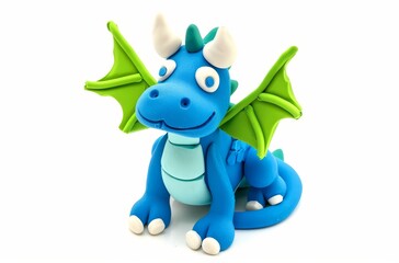 Cute blue plasticine dragon with green wings and white horns clay fantasy creature isolated on white background